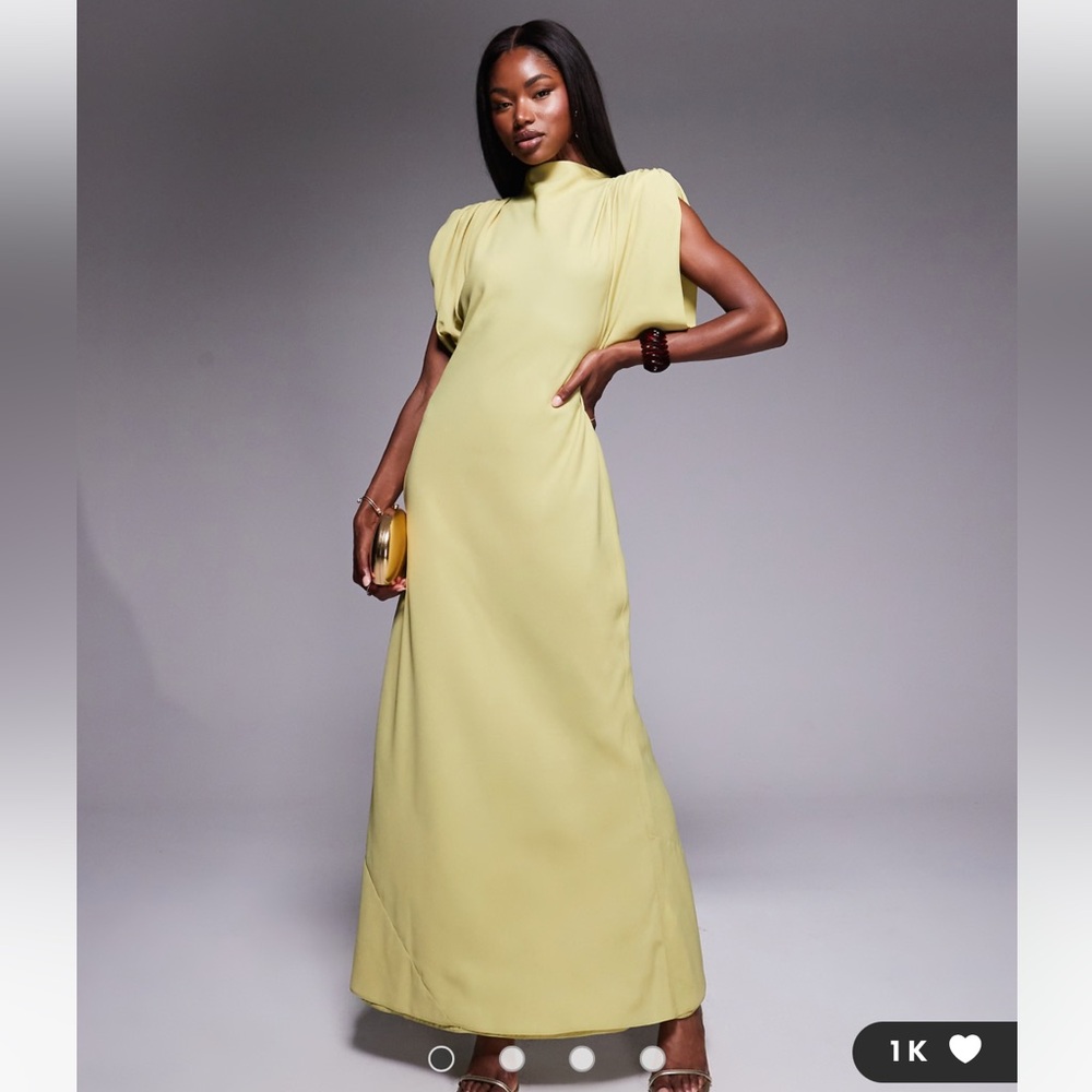 ASOS DESIGN high neck satin shoulder pads maxi dress with cowl back in olive
